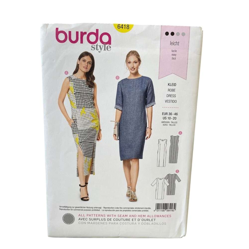 Burda Style 6418 Dress Sewing Pattern US 10-20 Semi-Fitted Easy UNCUT FF